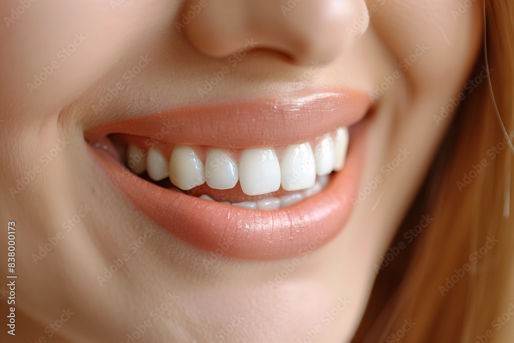 Close-up of a smiling woman with bright white teeth and light pink lips, dental smile, happiness and beauty concept, suitable for dental care, beauty and fashion industries, perfect for design, print Close-up of a smiling woman with bright white teeth and light pink lips, dental smile, happiness and beauty concept, suitable for dental care, beauty and fashion industries, perfect for design, print