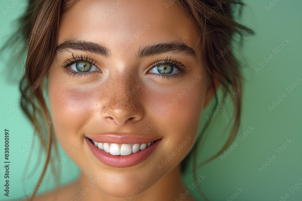 Woman with wavy brown hair against a turquoise background, showcasing a beautiful smile with white teeth, ideal for promoting dental care, beauty, and dentist services