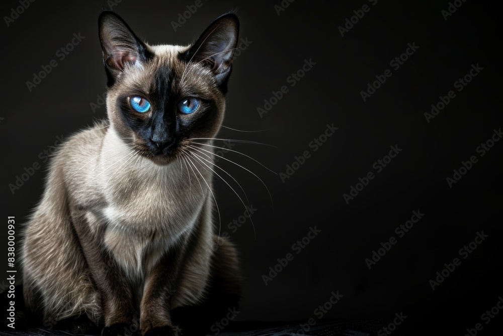 Siamese purebred  cat isolated on black. veterinarian clinic or pet feline products store ad banner with copy space