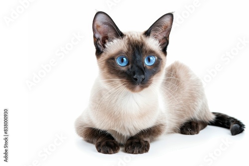 Siamese purebred cat isolated on white veterinarian clinic or pet feline products store ad banner with copy space