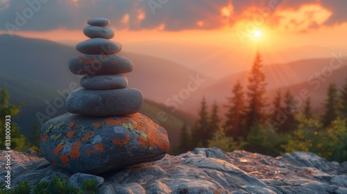 Balancing rounded stones against the blurred background of a summer dawn in the forested mountains
