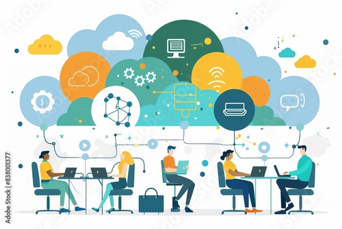 team of computer programmers working on laptops connected to global network and cloud computing technology concept illustration