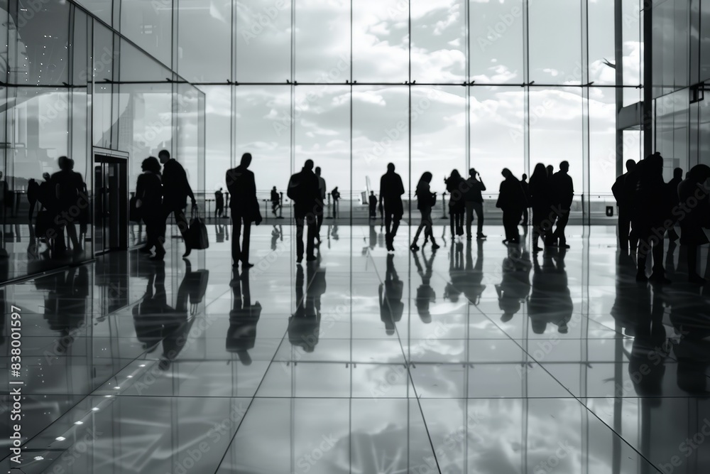 Silhouetted people walk and converse in a spacious, modern glass building with a reflective floor, creating an elegant and busy atmosphere.