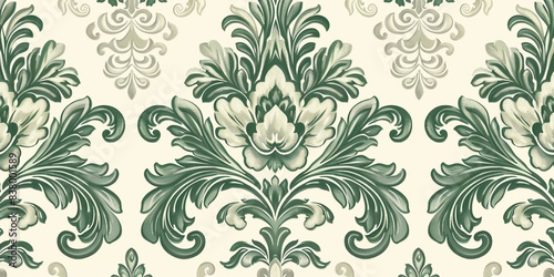 A vintage damask pattern in muted green and ivory