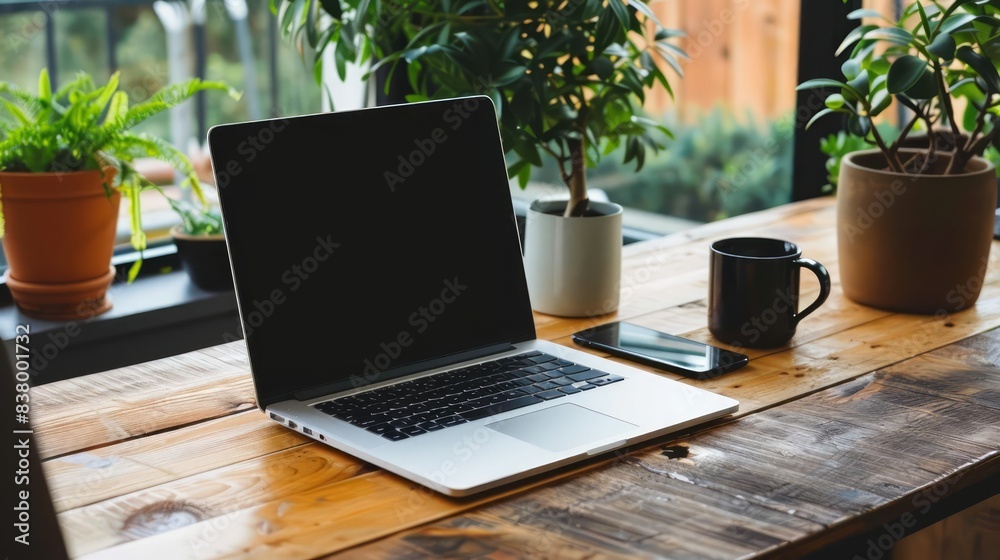 A modern laptop sits on a wooden desk, its screen dark and reflective, creating a minimalist and professional workspace ambiance A modern laptop sits on a wooden desk, its screen dark and reflective, creating a minimalist and professional workspace ambiance