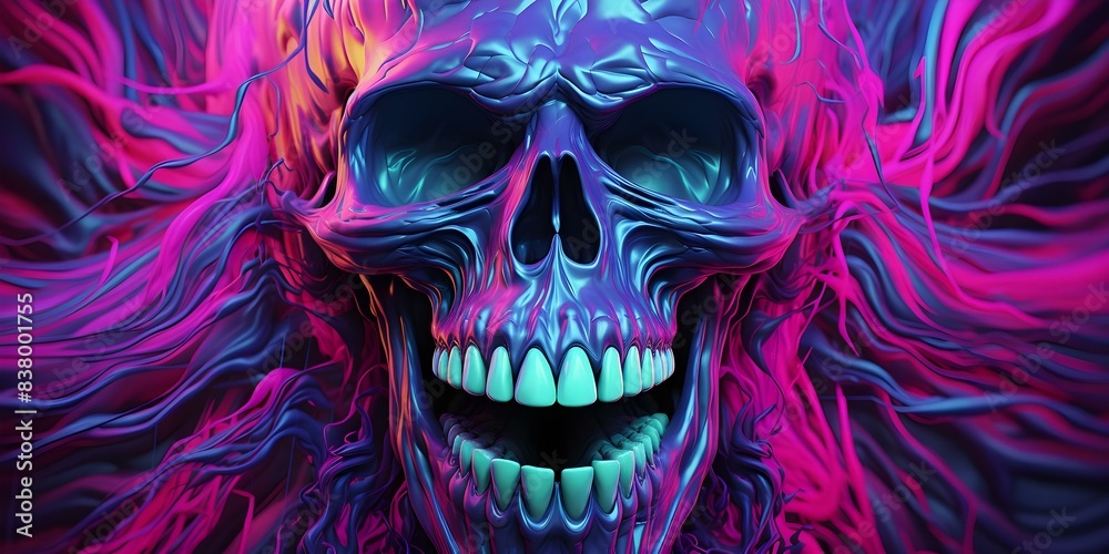 3D digital rendering of glitched screaming skull in vibrant synthwave hues. Concept 3D Digital Rendering, Glitched Screaming Skull, Vibrant Synthwave Hues 3D digital rendering of glitched screaming skull in vibrant synthwave hues. Concept 3D Digital Rendering, Glitched Screaming Skull, Vibrant Synthwave Hues