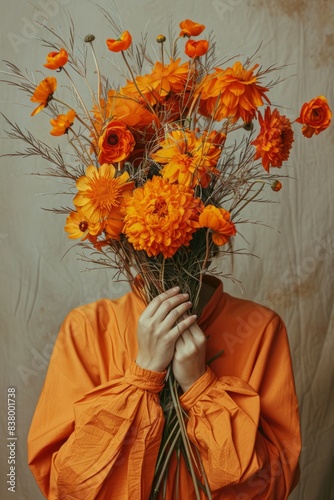A woman holds an orange flower in front of her face on blue background. Vertical orientation