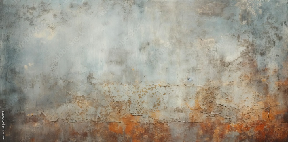 grungy texture of an old metal wall with peeling paint, featuring a rusted metal frame, a wooden table with a lamp, and a small window with a view