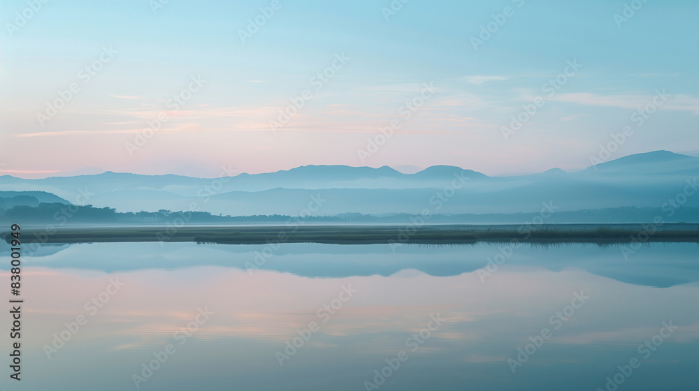 Serene Mountain Landscape with Calm Lake and Misty Horizon at Sunrise