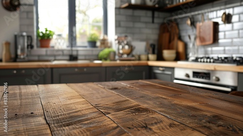 Rustic wooden table top with a blurred modern kitchen interior photo