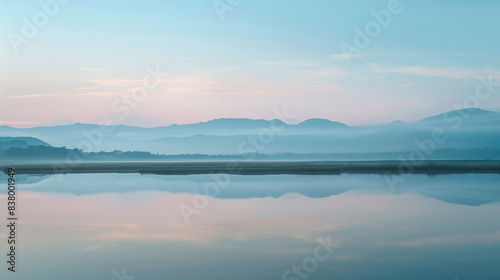 Serene Mountain Landscape with Calm Lake and Misty Horizon at Sunrise
