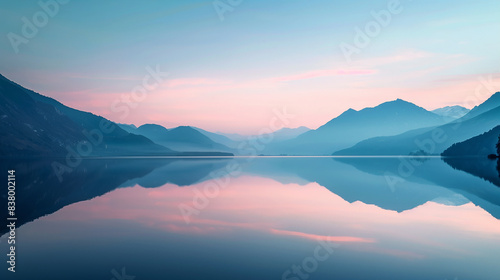Serene Mountain Landscape with Calm Lake and Misty Horizon at Sunrise