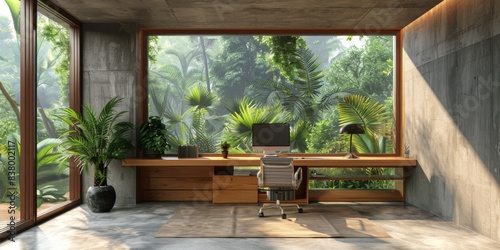 Modern home office with minimalist design, cozy room with plants The concept of remote work, freelancing