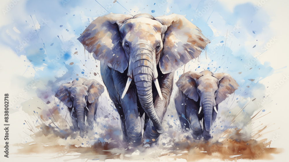 Fototapeta premium Elephants in the savannah, watercolor painting. Watercolor style painting
