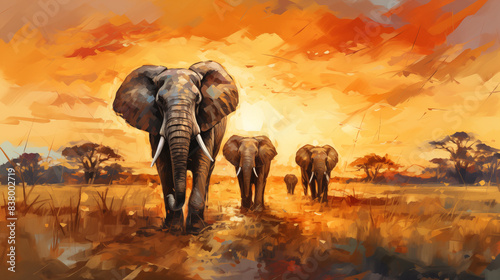 Elephants in the savannah, watercolor painting. Watercolor style painting