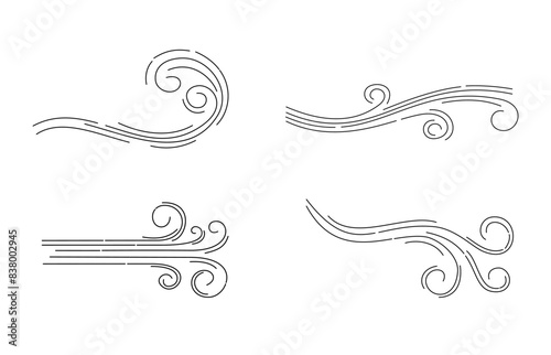 Wind blowing illustration set vector. Airflow doodle icon. Hand drawing breeze motion.