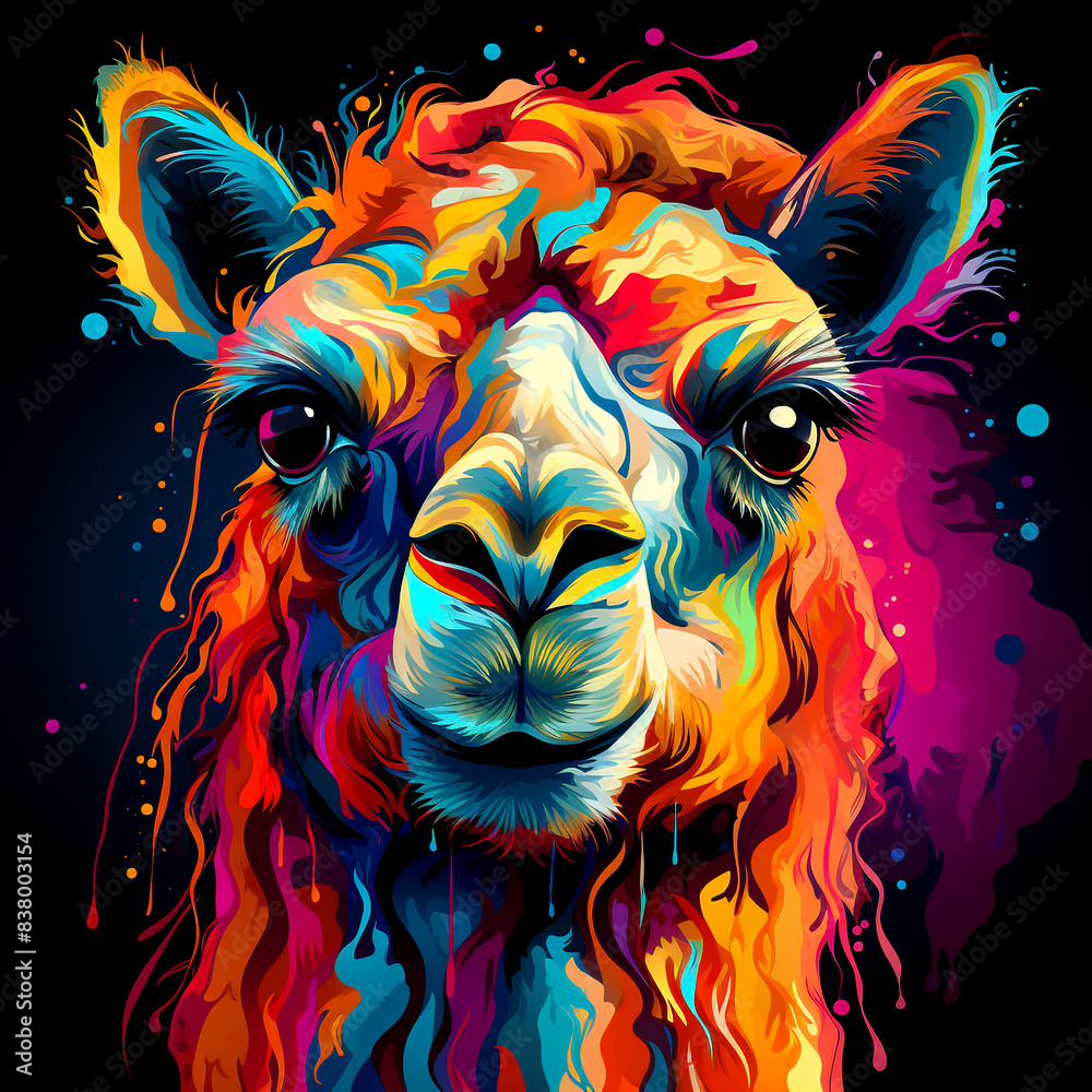 Make up the camel's face full of color. Very beautiful pop art style. Make up the camel's face full of color. Very beautiful pop art style.