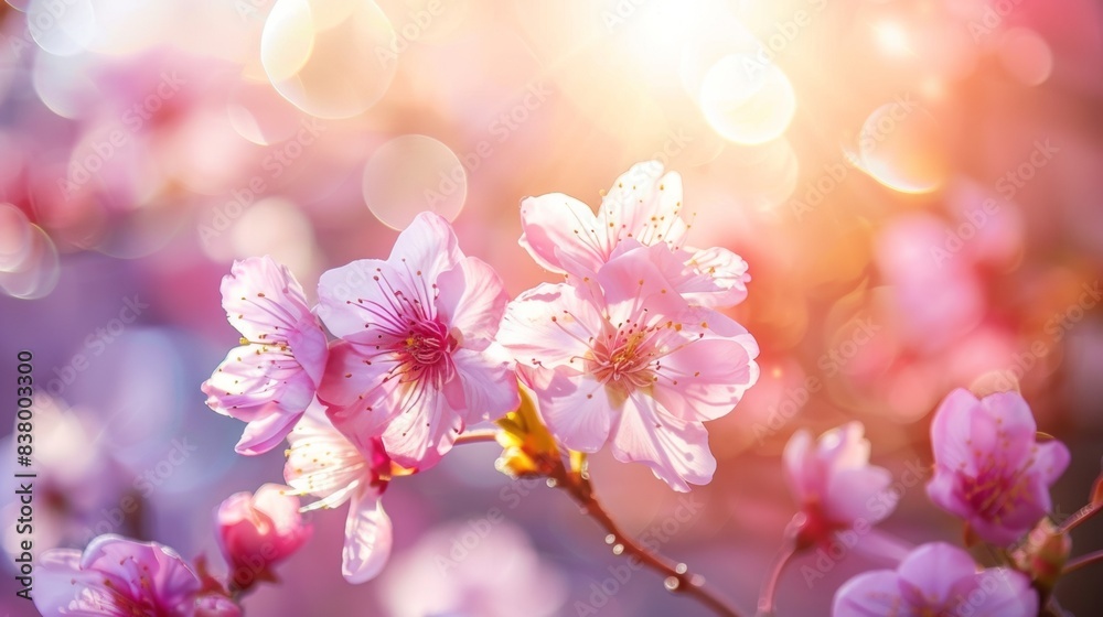 Scenic view of sakura flowers in bloom sunlight highlighting the delicate pink petals Scenic view of sakura flowers in bloom sunlight highlighting the delicate pink petals
