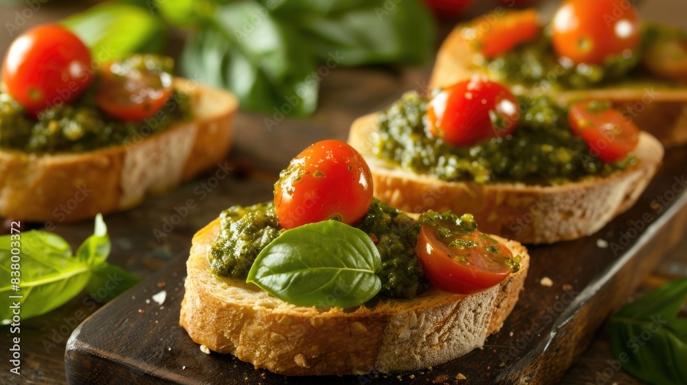 Pesto bruschetta with cherry tomatoes and basil, selective focus Pesto bruschetta with cherry tomatoes and basil, selective focus