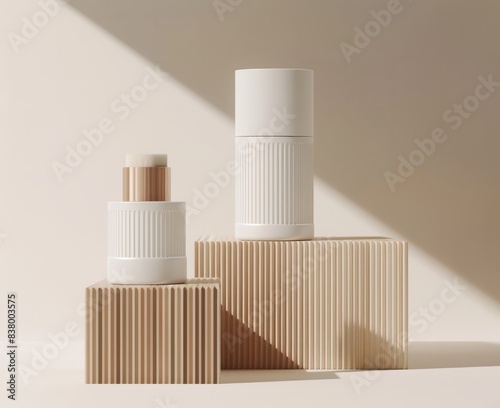 Empty white cosmetic containers on a minimalistic beige background on wooden podiums. Mockup