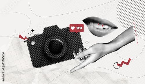 Trendy Halftone Collage Hand points to Camera taking Photos. Social media marketing and promotions. Attracting likes and subscribers. Magazine style. Contemporary vector art illustration