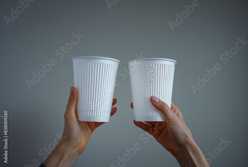 Female hands holding white paper cups for hot drinks isolated on gray background. Mockup of cups