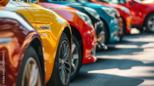 Row of colorful modern cars parked on the street during a sunny day captured at an angle