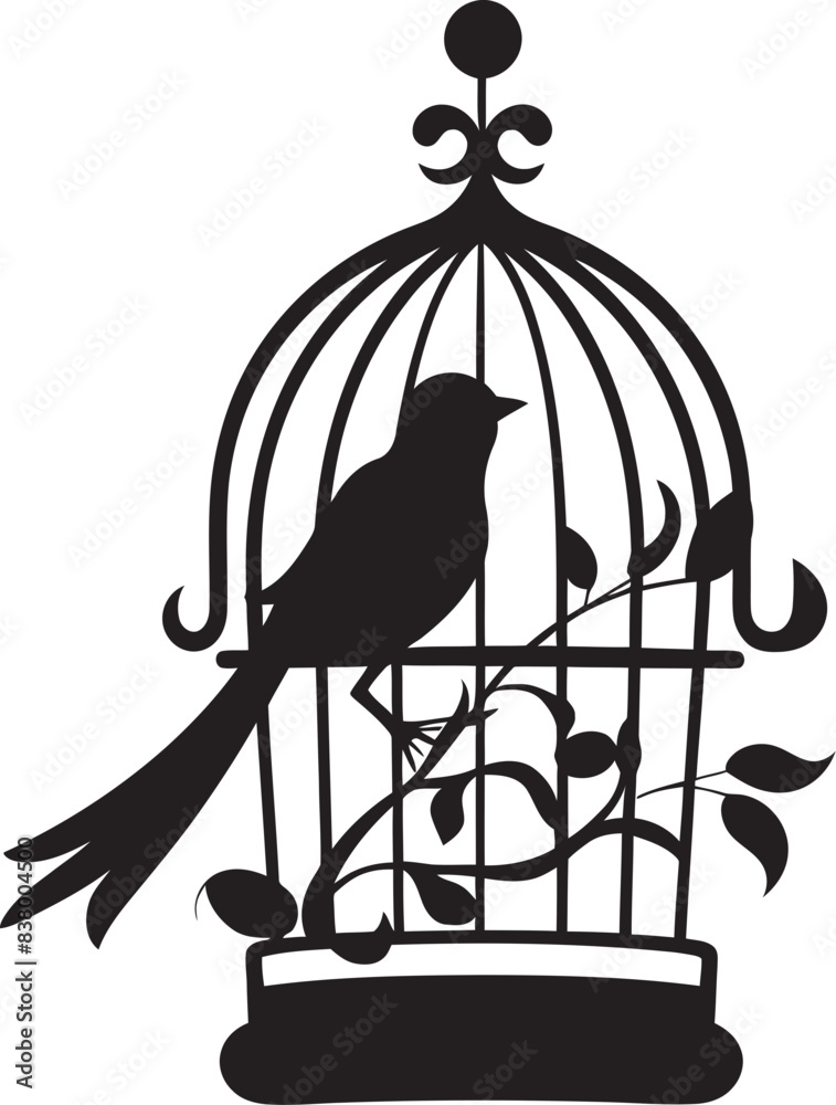 Fototapeta premium Happy Caged Bird Logo Art Delightful Bird in Cage Graphic Vector