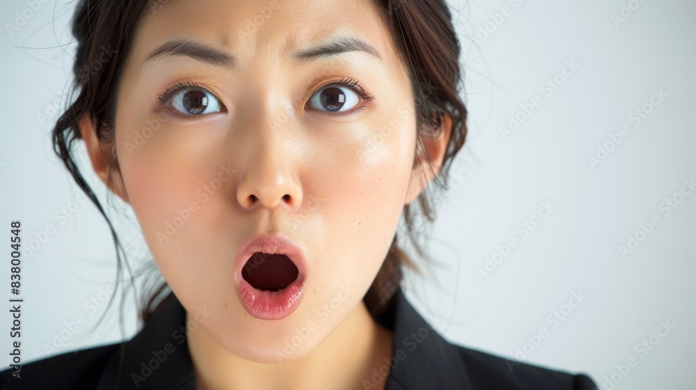 Surprised Japanese Businesswoman with Open Mouth, Expressing Shock and Amazement on a Clean White Background Surprised Japanese Businesswoman with Open Mouth, Expressing Shock and Amazement on a Clean White Background