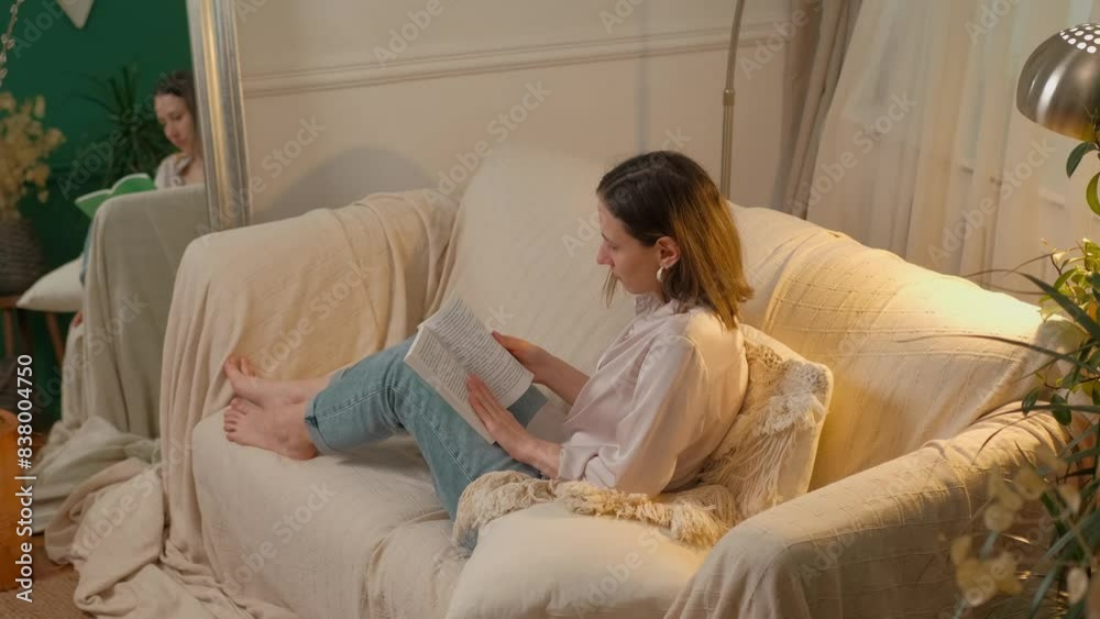 A woman comfortably sits on a sofa reading a book in a cozy, well-lit living room with plants and soft lighting. A woman comfortably sits on a sofa reading a book in a cozy, well-lit living room with plants and soft lighting.