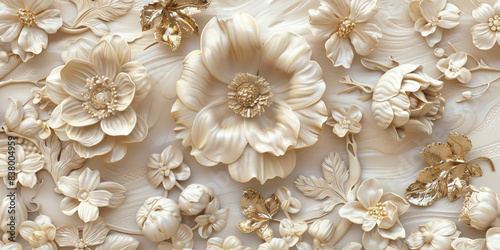 A modern illustration of a Chinese brush stroke. It has a gold texture and a peony flower motif. Abstract art illustration