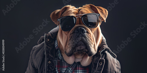 dog wearing sunglasses looking toward camera and wearing leather jacket 