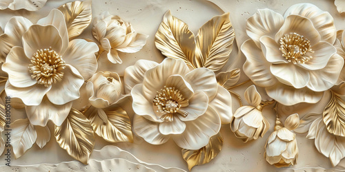 A modern illustration of a Chinese brush stroke. It has a gold texture and a peony flower motif. Abstract art illustration