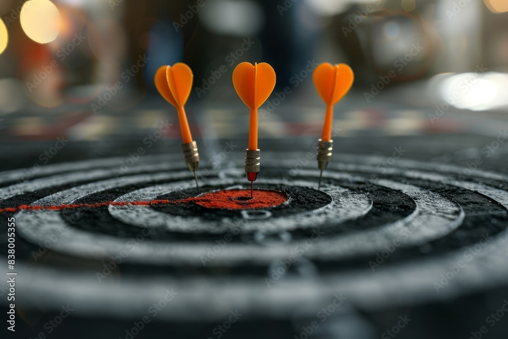 Three orange darts perfectly hitting the bullseye on a black and white dartboard, showcasing accuracy and precision in a blurred background.