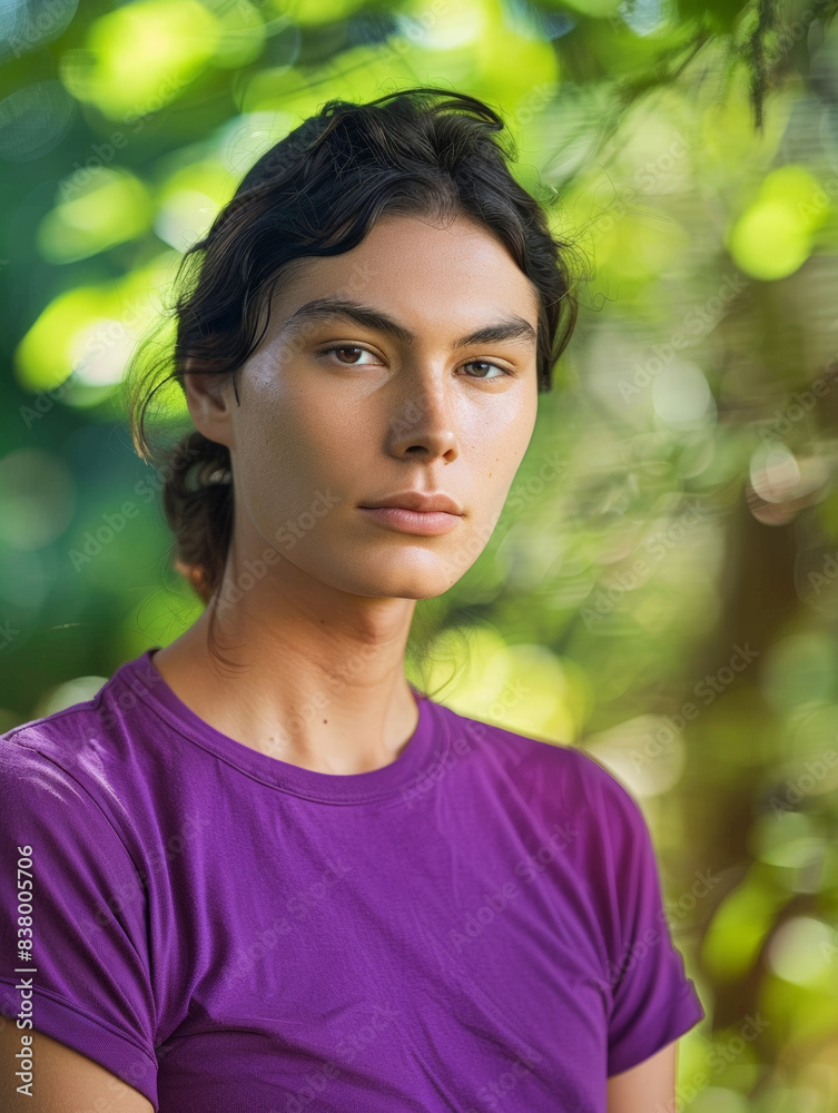 Transgender person serious expression, standing in park wearing bright purple shirt. Concept LGBTQ Transgender person serious expression, standing in park wearing bright purple shirt. Concept LGBTQ