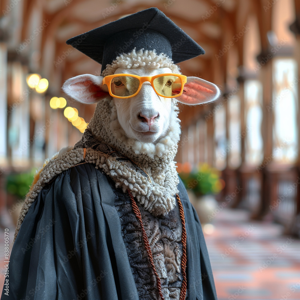 Graduation sheep lamb dark dress graduate cap yellow dark glasses background educational institution