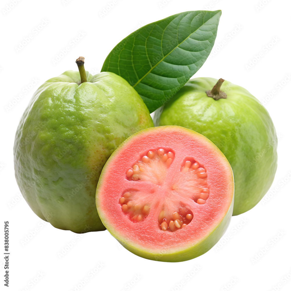 Green guava with pink flesh. Whole fruits and a half with green leaves isolated on white background Green guava with pink flesh. Whole fruits and a half with green leaves isolated on white background