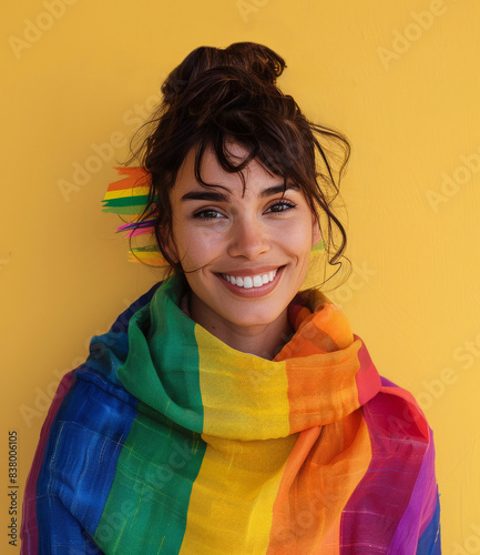 Smiling woman wrapped in rainbow flag, standing against solid yellow background. Concept LGBTQ pride photo