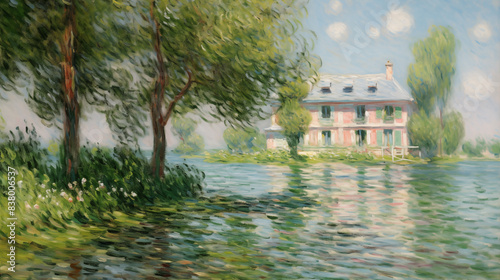 Impressionist art summer landscape with a house on a river