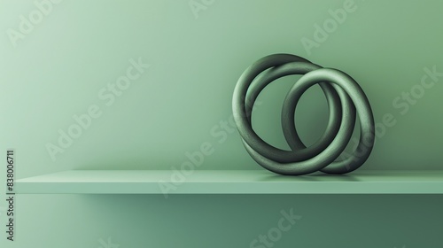A modern minimalist sculpture of intertwined circles, positioned on a sleek shelf against a light green wall.