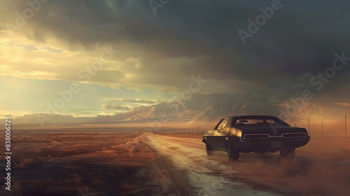 Vintage car on a deserted road under a dramatic sky, symbolizing adventure and freedom in a vast open landscape.