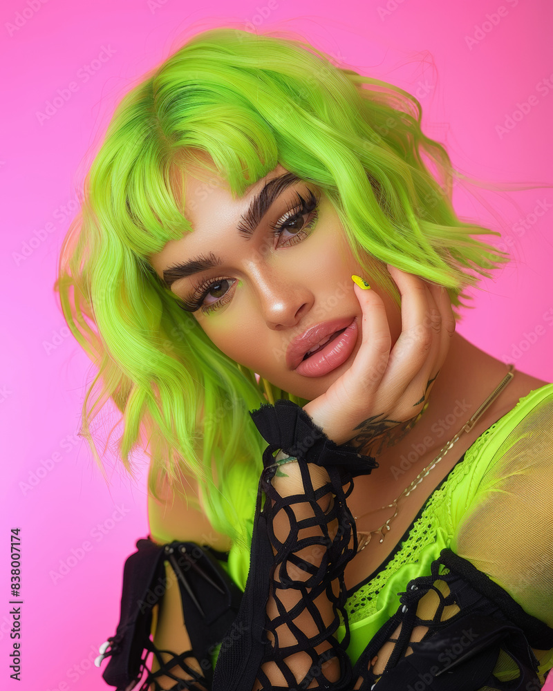 Fototapeta premium Transgender woman bright green hair, posing confidently against soft pink studio background