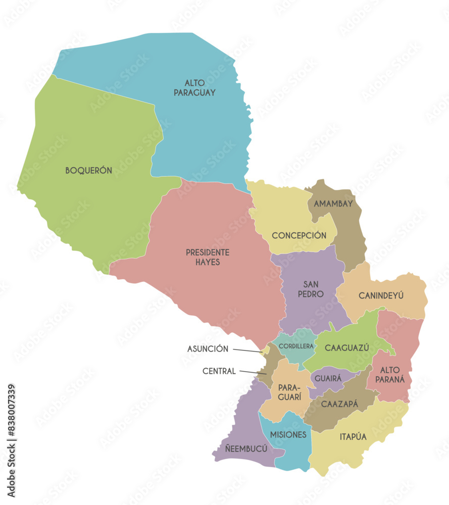 Vector map of Paraguay with departments, capital district and ...