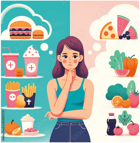 Cartoon-style illustration of a woman contemplating her food choices, with unhealthy fast food items on one side and healthy fruits and vegetables on the other side, with split background.