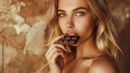 Tag der Schokolade Model mit Schokomund verschmiert läuft heraus Naschkatze kleckert Schokolade im Mund Internationaler Tag der Schokolade 04. August Generative AI photo