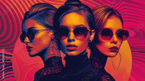 Artistic portrait of three women in sunglasses with a vivid, modern background