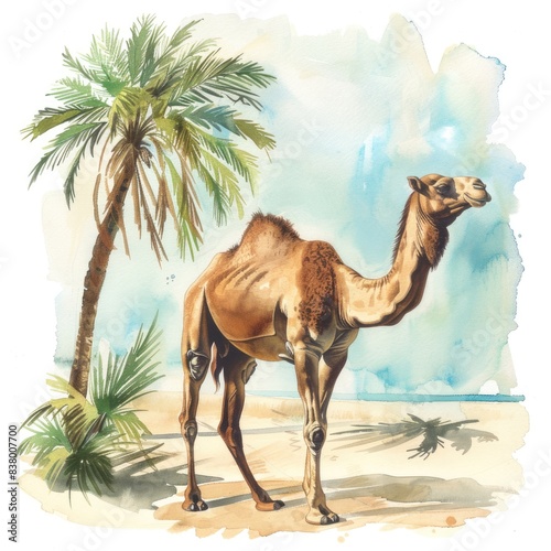 Watercolor Illustration of a Camel Resting on Desert Coastline © juliiapanukoffa