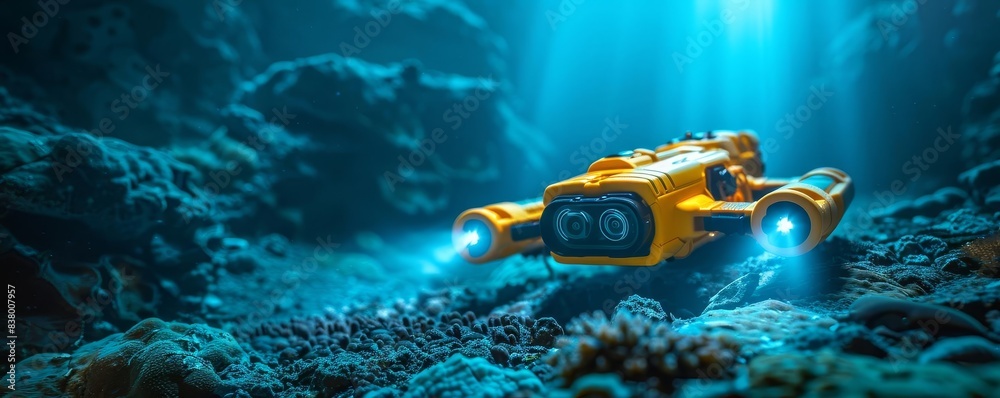A drone with lights and cameras exploring the ocean floor in an ancient deep sea canyon The yellow toy robot is equipped for water exploration and houses on its back LED lighting