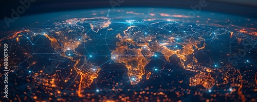 A world map with global network connections on the background of city lights at night