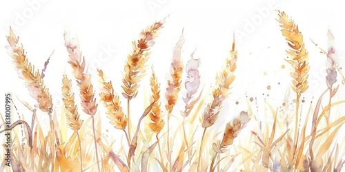 Watercolor Illustration of Ripe Wheat Ears and Seeds on White Background